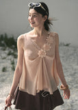 aomalm top, 3d flower top, french romantic blouse, feminine korean top, chiffon summer top, sheer lace top women, elegant sleeveless blouse, soft ivory top, summer vacation top, refined feminine outfit, korean fashion blouse, lightweight summer blouse