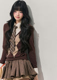 AOMALM knit top, Korean feminine sweater, fake two piece sweater, argyle knit top, diamond pattern sweater, women winter knitwear, soft Korean style top, slim fit knit sweater, vintage argyle sweater women, autumn winter knit top, layered look sweater, feminine Korean fashion, brown knit sweater women, cozy winter top, aesthetic Korean outfit, preppy style knit, soft girl sweater