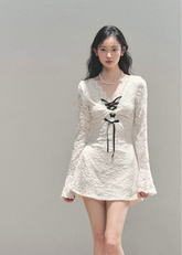 lace mini dress, French style dress, winter lace dress, corset ribbon dress, A-line puffy dress, royal sister style, elegant white dress, holiday party dress, winter date outfit, lace-up V-neck dress, Korean feminine dress, AOMALM dress, long sleeve lace dress, cute winter mini dress, luxury lace fashion, feminine winter outfit, trendy Korean dress, lace flare sleeve dress, puff hem dress, aesthetic white dress