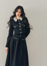 lace knit set women, french lace two piece set, winter skirt set women, korean minimal style set, elegant women outfit, refined knitwear women, lace trim top skirt, feminine winter set, premium women knit set, modern elegant outfit women, aomalm style set, classic black skirt set, understated luxury women clothing, winter two piece outfit, minimal chic women set