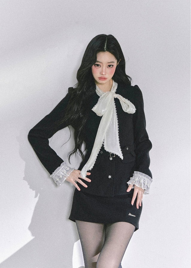 lace tie dress set, two piece suit dress women, French elegant outfit, bow tie mini dress, lace cuff blazer dress, Korean fashion set, rich girl outfit, classy black dress set, fall fashion women, luxury two piece set, chic blazer dress, mini skirt suit set, feminine lace trim outfit, Korean American style, elegant autumn outfit, designer inspired dress set, boutique fashion dress, 2025 women's fall outfits