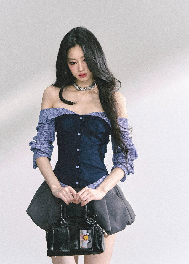 off shoulder corset top, fake two piece top, women’s bustier shirt, korean off shoulder blouse, korean american fashion top, summer corset blouse, slimming waist top, plaid corset shirt, girl group style top, kpop inspired top, trendy streetwear women, off shoulder long sleeve top, sculpted waist blouse, sexy summer top women, stylish two tone top