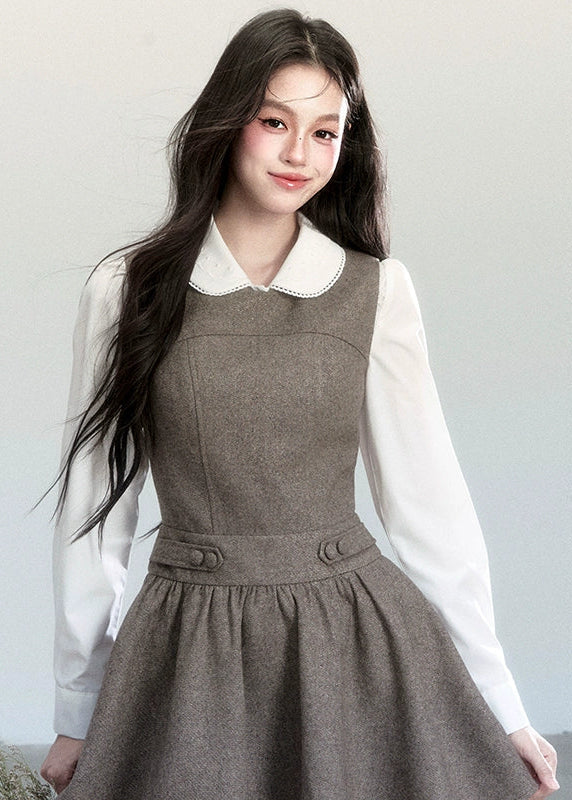 Fragileheart vest dress set, doll collar blouse, luxury Korean fashion, elegant autumn outfit, quiet luxury womenswear, pastel noir aesthetic, preppy Korean fashion, taupe layered dress, K-fashion 2025, modern feminine look, romantic school style, soft brown dress outfit, delicate preppy outfit, refined fall fashion