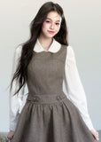 Fragileheart vest dress set, doll collar blouse, luxury Korean fashion, elegant autumn outfit, quiet luxury womenswear, pastel noir aesthetic, preppy Korean fashion, taupe layered dress, K-fashion 2025, modern feminine look, romantic school style, soft brown dress outfit, delicate preppy outfit, refined fall fashion