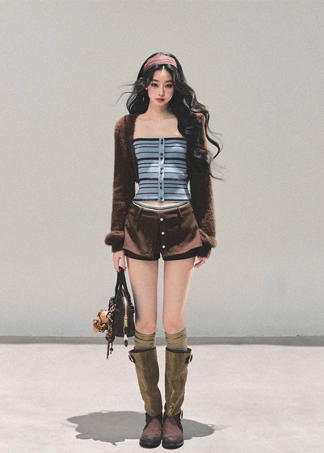 striped knit tube top, blue knit vest women, strapless knit top, spice girl style top, ribbed corset knit, autumn winter knit tank, blue stripe bustier top, fw25 street knitwear, korean knit tube shirt, fitted knit vest women