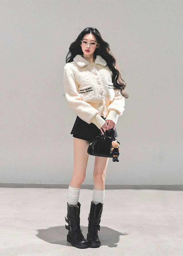 korean plush jacket women, cream wool padded coat, thickened winter jacket, skinny fit winter top, ivory fluffy jacket, warm padded sweater coat, fw25 korean fashion, soft plush winter coat, wool blend padded top, winter korean outerwear