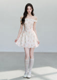 fragileheart dress, off shoulder floral dress, ivory mini dress, floral patchwork dress, korean feminine dress, romantic summer dress, vacation mini dress, soft girl dress, feminine floral dress, cream floral mini dress, summer date dress, korean vacation outfit