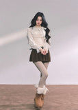 lace ruffle knit top women, fake two piece french shirt, autumn white lace blouse, slimming long sleeve knit, moonlight lace top, fw25 french knitwear, frill front knit shirt, ivory lace sleeve top, elegant ruffle knit women