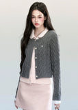 Fragileheart knit cardigan, faux two-piece sweater, doll collar knit top, luxury Korean fashion, quiet luxury womenswear, pastel noir aesthetic, elegant preppy outfit, 2025 winter K-fashion, contrast knit sweater, modern feminine knitwear, chic two-tone cardigan, sophisticated Korean look, soft autumn outfit, refined luxury fashion