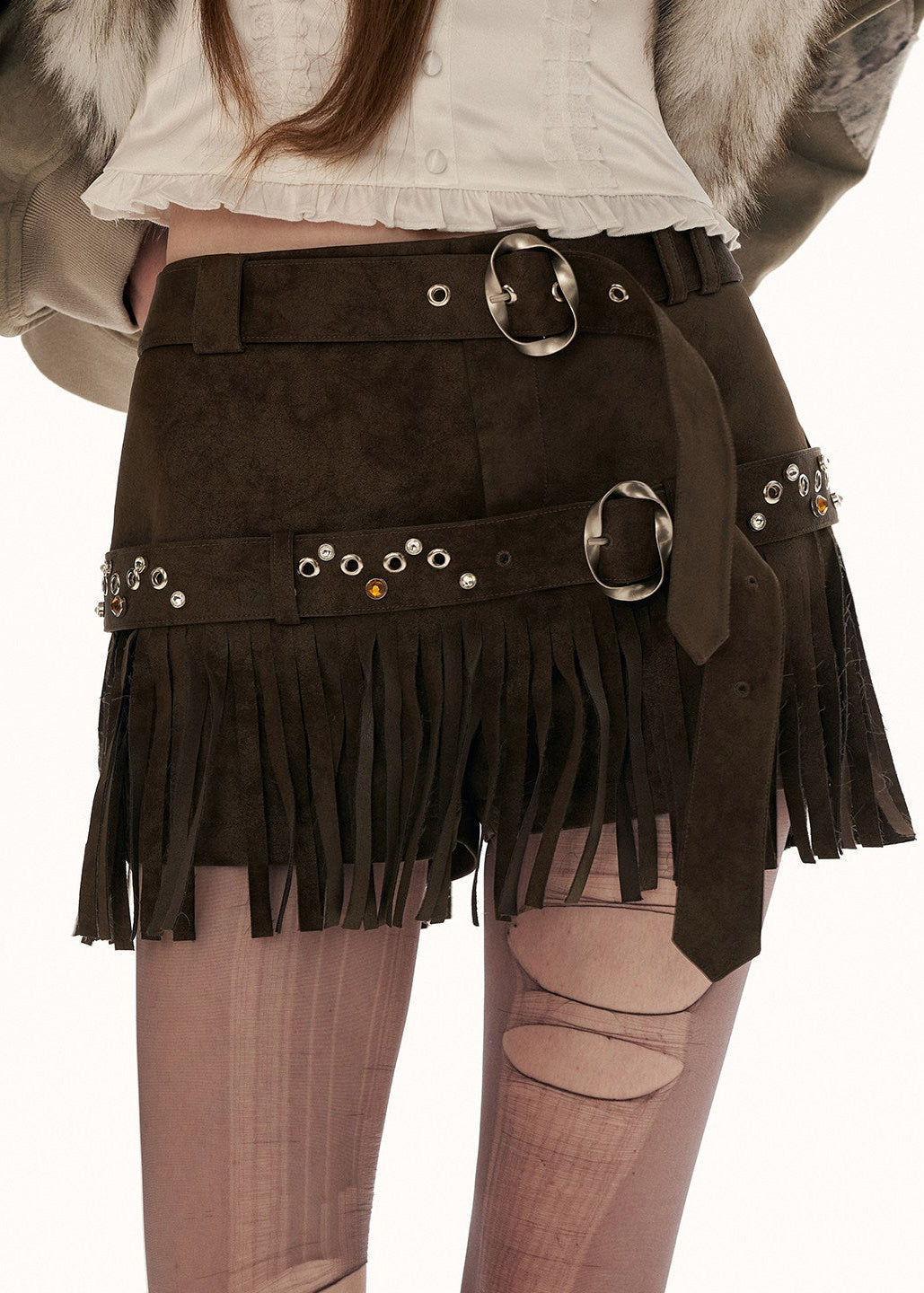 suede fringe shorts women, western style shorts women, y2k mini shorts, high fashion suede shorts, brown fringe shorts, street style shorts women, autumn winter fashion shorts, statement mini slacks, trendy suede bottoms, mamc shorts style, unique design shorts, fringe detail shorts, y2k streetwear women, premium women shorts, fashion western shorts