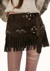 suede fringe shorts women, western style shorts women, y2k mini shorts, high fashion suede shorts, brown fringe shorts, street style shorts women, autumn winter fashion shorts, statement mini slacks, trendy suede bottoms, mamc shorts style, unique design shorts, fringe detail shorts, y2k streetwear women, premium women shorts, fashion western shorts
