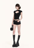 Black crop top with a sharp stand neck and chest cutout