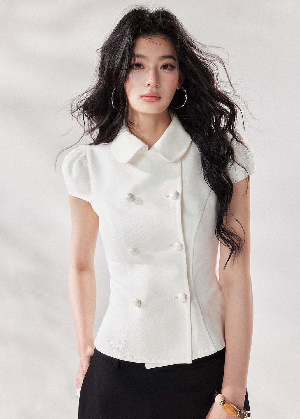 white denim shirt women, double breasted shirt women, doll collar blouse, french style summer shirt, short sleeve denim top, structured white top, chic summer outfit women, korean fashion blouse, modern casual shirt, elevated everyday top