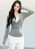 Fragileheart knit top, draped swing blouse, luxury Korean fashion, lace layered knitwear, quiet luxury womenswear, pastel noir aesthetic, grey slim-fit top, elegant autumn outfit, K-fashion 2025, minimalist feminine fashion, modern Korean style, soft two-piece knit, delicate off-shoulder top, refined knit blouse