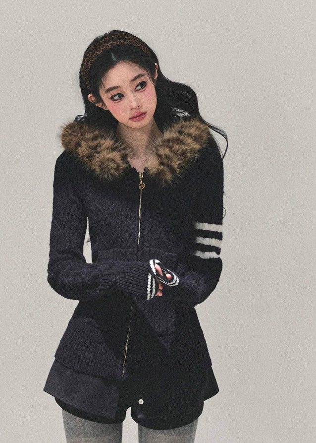 fur hood knit cardigan, black winter knit coat, twist sleeve knit top, hooded zip cardigan women, korean winter knit jacket, faux fur trim knitwear, long sleeve warm knit coat, fw25 street fashion knit, winter hooded sweater women