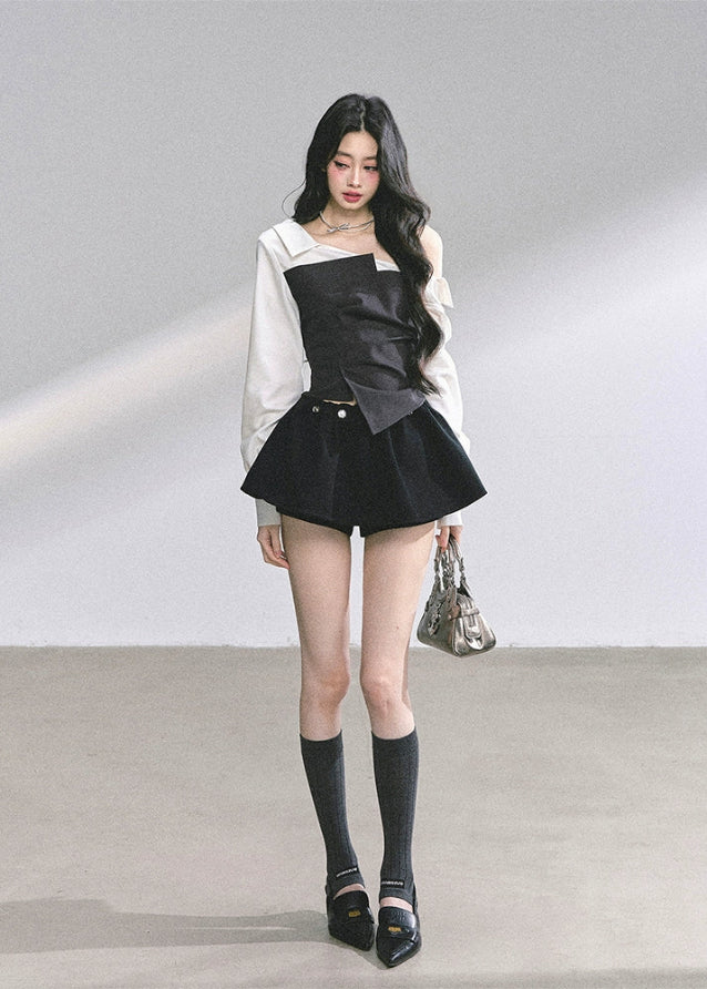 korean two tone blouse, asymmetric off shoulder shirt, french long sleeve top women, korean fashion contrast blouse, slim waist shirt women, korean autumn outfit top, elegant commuter top, kfashion two color blouse, trendy korean streetwear 2025, seoul chic long sleeve, black and white asymmetric top, korean office style top, elegant korean fashion, hepburn style top, contrast panel shirt women