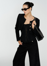 black tweed suit set, 3 piece women’s suit, chic corset and jacket set, French style two-way suit, modern stylish outfit, 4muggle luxury set, slimming high waist pants, urban lady elegant fashion, stylish black trousers suit, French chic wool set, sexy tube top suit, classy corset suit set, fashion city girl look, black moonlight outfit, evening fashion woman