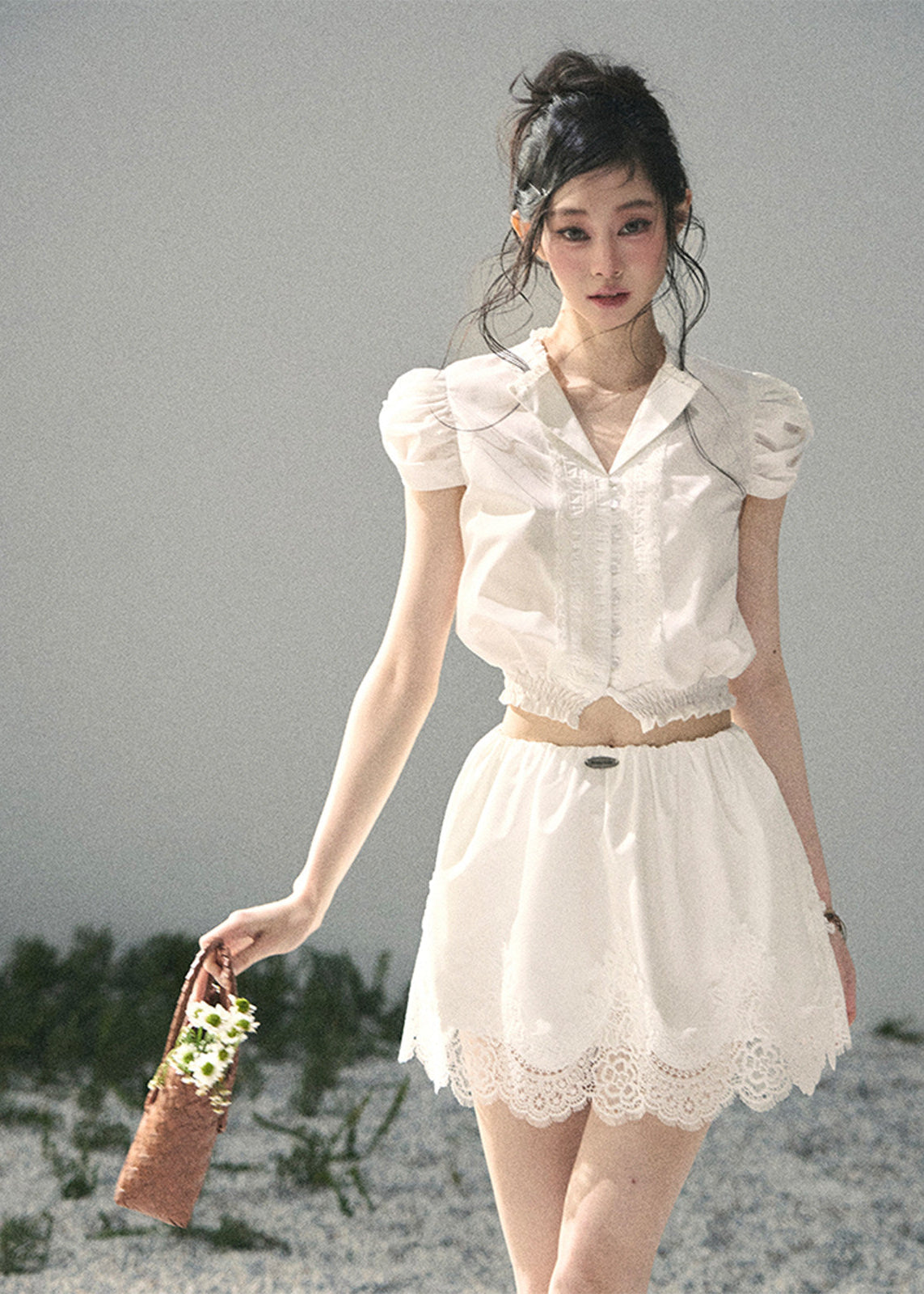 aomalm set, lace two piece set, white crop top skirt set, korean feminine set, french lace outfit, romantic summer set, lace mini skirt set, early summer outfit, feminine korean fashion, white lace top, garden style outfit, summer skirt set