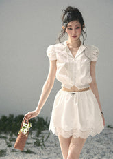 aomalm set, lace two piece set, white crop top skirt set, korean feminine set, french lace outfit, romantic summer set, lace mini skirt set, early summer outfit, feminine korean fashion, white lace top, garden style outfit, summer skirt set