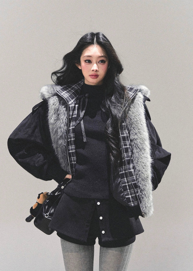 brown padded jacket women, faux two piece jacket, plaid layered coat, thickened winter jacket, american style cotton coat, fur trim autumn jacket, warm winter outerwear women, padded plaid jacket, korean vintage winter coat, fw25 fashion