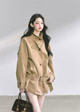 french trench jacket, korean short trench coat, autumn outerwear women, seoul street style jacket, belted loose fit coat, stand collar windbreaker, hepurn fashion jacket, elegant french outerwear, korean fashion 2025, minimalist city coat, oversized chic jacket, trendy korean outfit, casual luxury jacket, nom alm style, korean modern trench