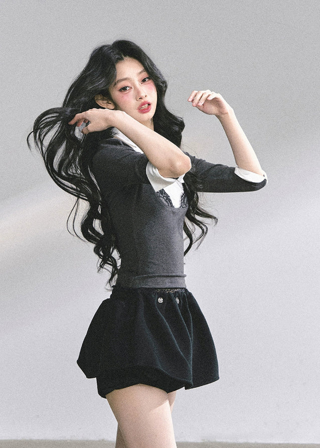 korean lace polo top, contrast lace collar blouse, fake two piece korean top, korean long sleeve lace shirt, elegant korean knit top, seoul fashion autumn 2025, korean layered blouse women, lace contrast polo shirt, preppy korean girl top, korean chic fashion blouse, slim fit lace top, korean office casual shirt, kfashion lace knit top, korean classy look, hot girl korean fashion