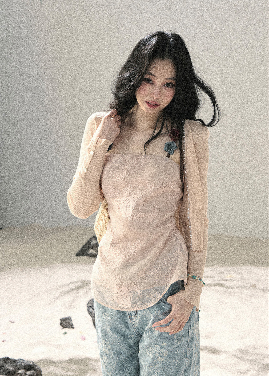 Blush embroidered camisole top with floral detail