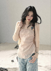 Blush embroidered camisole top with floral detail