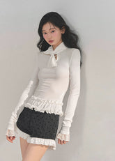 AOMALM top, Korean style knit top, fungus ruffle hem, bow lace T-shirt, winter feminine top, lace cuff long sleeve, soft knit blouse, aesthetic Korean fashion, winter layering top, slim fit tee women, elegant knitwear, ruffle lace shirt, cute winter tops, Korean girl outfit, soft girl aesthetic top, feminine long sleeve tee, winter fashion 2025, trending Korean tops, lace trim sweater top, chic bow neck shirt, romantic knit top.