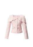 Fragileheart tweed set, pink bow jacket, luxury Korean fashion, elegant two-piece outfit, pastel tweed suit, quiet luxury womenswear, soft pink ensemble, French small fragrance style, K-fashion 2025, feminine office outfit, luxury tweed mini skirt set, romantic pastel look, modern elegant fashion, couture-inspired outfit