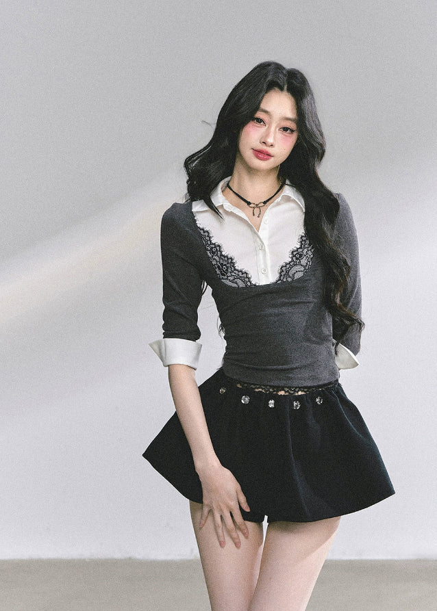 korean lace polo top, contrast lace collar blouse, fake two piece korean top, korean long sleeve lace shirt, elegant korean knit top, seoul fashion autumn 2025, korean layered blouse women, lace contrast polo shirt, preppy korean girl top, korean chic fashion blouse, slim fit lace top, korean office casual shirt, kfashion lace knit top, korean classy look, hot girl korean fashion