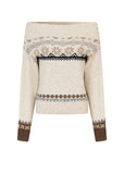 VIAPITTI off shoulder knit, fair isle sweater women, contrast wool knitwear, edgy Korean fashion, autumn winter sweater, one shoulder knit top, street style knitwear, Nordic pattern sweater, K-fashion 2025, warm wool knitted top, urban chic sweater, relaxed street knit, soft winter outfit, modern Korean streetwear