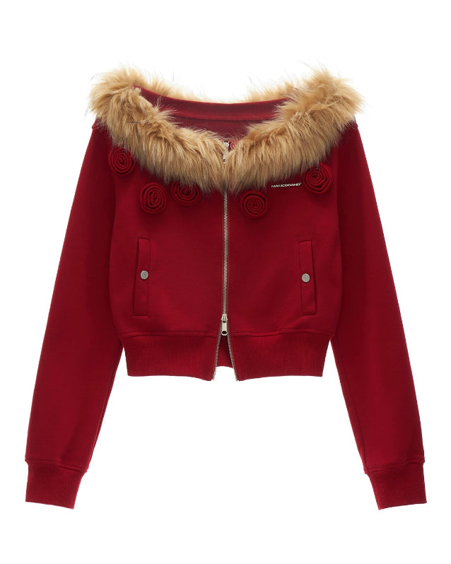 slanted shoulder fur collar jacket women, double zipper cropped jacket, detachable fur short coat, floral cropped winter jacket, fw2025 luxury streetwear women, asymmetric zip jacket fashion, korean high end cropped outerwear, elegant street fashion top women, nowa tokyo premium winter jacket