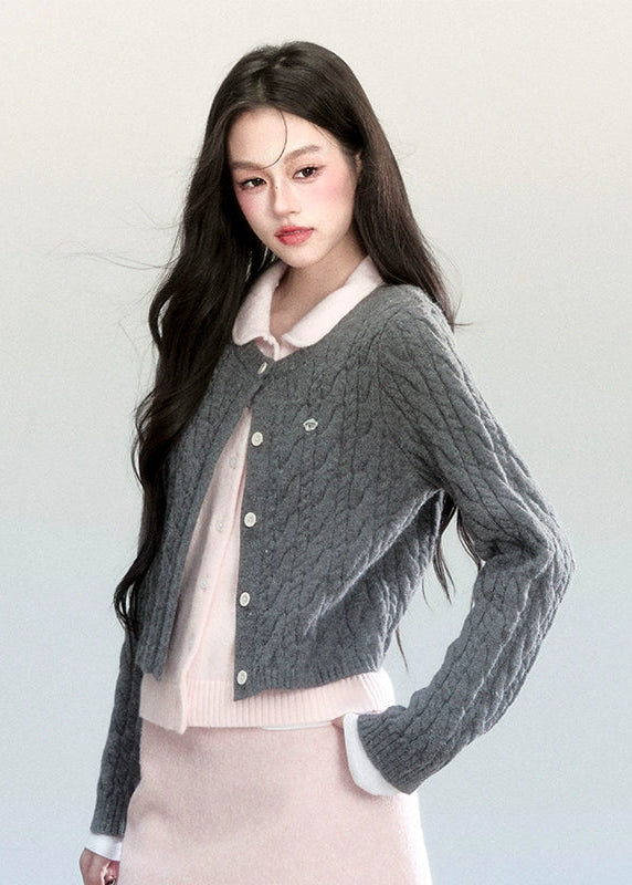 Fragileheart knit cardigan, faux two-piece sweater, doll collar knit top, luxury Korean fashion, quiet luxury womenswear, pastel noir aesthetic, elegant preppy outfit, 2025 winter K-fashion, contrast knit sweater, modern feminine knitwear, chic two-tone cardigan, sophisticated Korean look, soft autumn outfit, refined luxury fashion