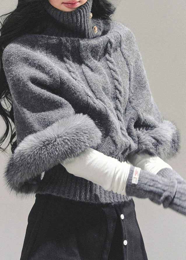 mohair turtleneck sweater women, grey twist knit top, korean autumn winter sweater, cable knit high neck top, soft mohair knitwear, plush sleeve sweater, fw25 korean fashion, warm winter knit top, elegant grey sweater women