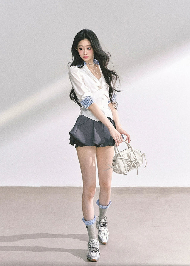 slimming v neck blouse, waist cinch shirt women, fake two piece shirt, french style blouse, korean streetwear top, professional commuter top, fitted summer blouse, elegant v neck shirt, sculpted waist shirt, kpop trainee style top, trendy women’s fashion top, tailored slim fit blouse, chic office top women, korean american fashion