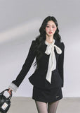 lace tie dress set, two piece suit dress women, French elegant outfit, bow tie mini dress, lace cuff blazer dress, Korean fashion set, rich girl outfit, classy black dress set, fall fashion women, luxury two piece set, chic blazer dress, mini skirt suit set, feminine lace trim outfit, Korean American style, elegant autumn outfit, designer inspired dress set, boutique fashion dress, 2025 women's fall outfits