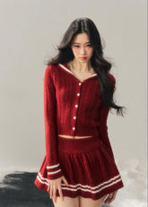 AOMALM knit set, red knit two piece set, preppy sweater skirt set, Korean style knit outfit, winter knit set women, feminine preppy outfit, red sweater set women, cozy winter two piece, Korean aesthetic knit set