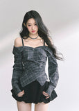 korean off shoulder long sleeve top, french drape blouse women, fake two piece asymmetrical top, korean autumn fashion top women, off shoulder plaid shirt top, elegant french style blouse, korean streetwear chic outfit, trendy korean top long sleeve, asymmetrical draped top women, hot girl fashion blouse korea, korean minimal chic outfit, seoul fashion top autumn, off shoulder slim fit shirt, korean preppy plaid shirt, london style korean top women