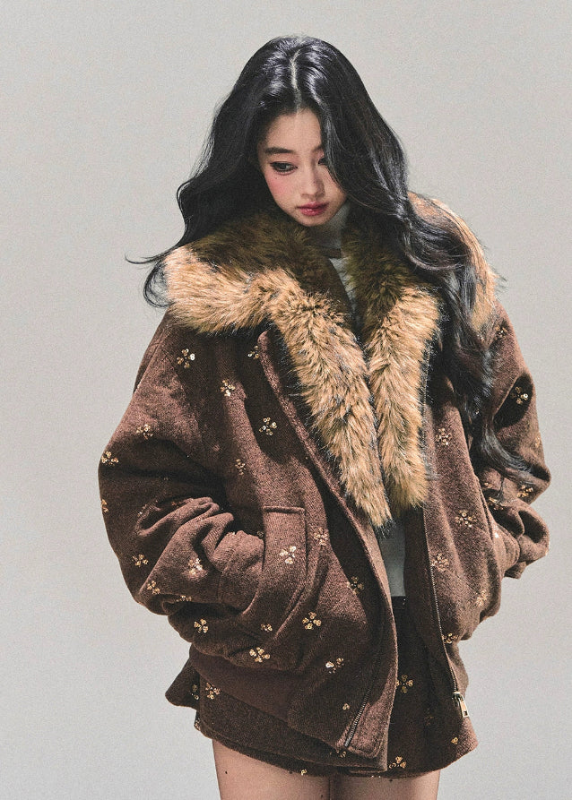 Whisper of Snowfall set, Maillard wool suit, Korean winter outfit, two-piece wool set, faux fur collar jacket, winter skirt set, AOMALM wool outfit, embroidered wool jacket, warm winter coordinates, Korean fashion winter set, cozy jacket and skirt set, feminine winter outfit, stylish wool two-piece, warm Maillard tone outfit, luxury winter clothing, cute winter suit women, Korean style jacket skirt set, soft wool winter wear, brown wool skirt set, fluffy collar winter jacket.