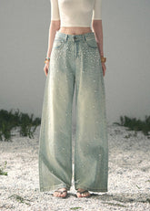 aomalm jeans, beaded jeans women, wide leg jeans women, pearl detail denim, korean fashion jeans, light blue denim pants, high waist wide leg jeans, straight leg denim women, embellished jeans, feminine korean outfit, romantic denim pants, casual summer jeans, soft blue jeans women