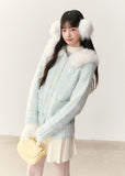 fresh ocean cardigan, blue white gradient knit, fur collar hooded cardigan, plush winter sweater, cozy fluffy hood jacket, soft fuzzy knitwear, umoumo winter collection, Korean girly cardigan, kawaii fur hood sweater, gradient plush cardigan, warm winter knit hoodie, fluffy collar cardigan, women’s soft knit jacket