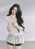 lace high neck top, ivory lace blouse, sheer lace peplum shirt, Korean lace aesthetic, French lace top, slim fit lace tee, hollow lace long sleeve, feminine lace blouse, elegant lace top women, autumn lace shirt, romantic lace fashion, soft girl lace top, Korean preppy lace style, delicate lace clothing, lace layering top