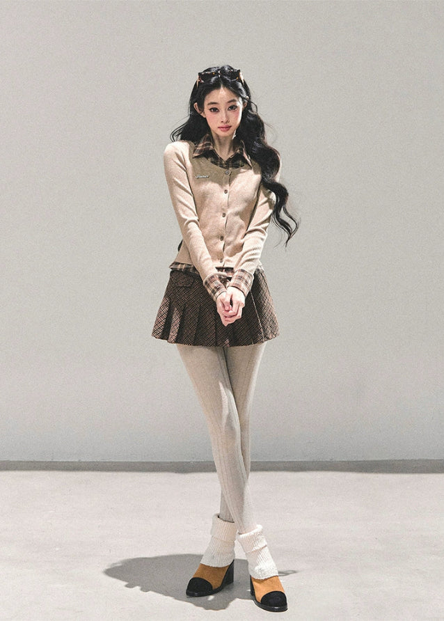 fake two piece polo top, long sleeve polo knit women, american preppy knit shirt, autumn polo collar top, layered knit t-shirt women, brown collared knit top, fw25 preppy knitwear, korean layered polo top, slim fit autumn knit shirt