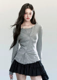 Fragileheart knit top, faux two-piece shirt, layered asymmetric blouse, luxury Korean fashion, minimal feminine outfit, quiet luxury womenswear, pastel noir aesthetic, elegant everyday top, four color knitwear, K-fashion 2025, casual chic long sleeve, modern Korean style, delicate soft knit, refined daily outfit