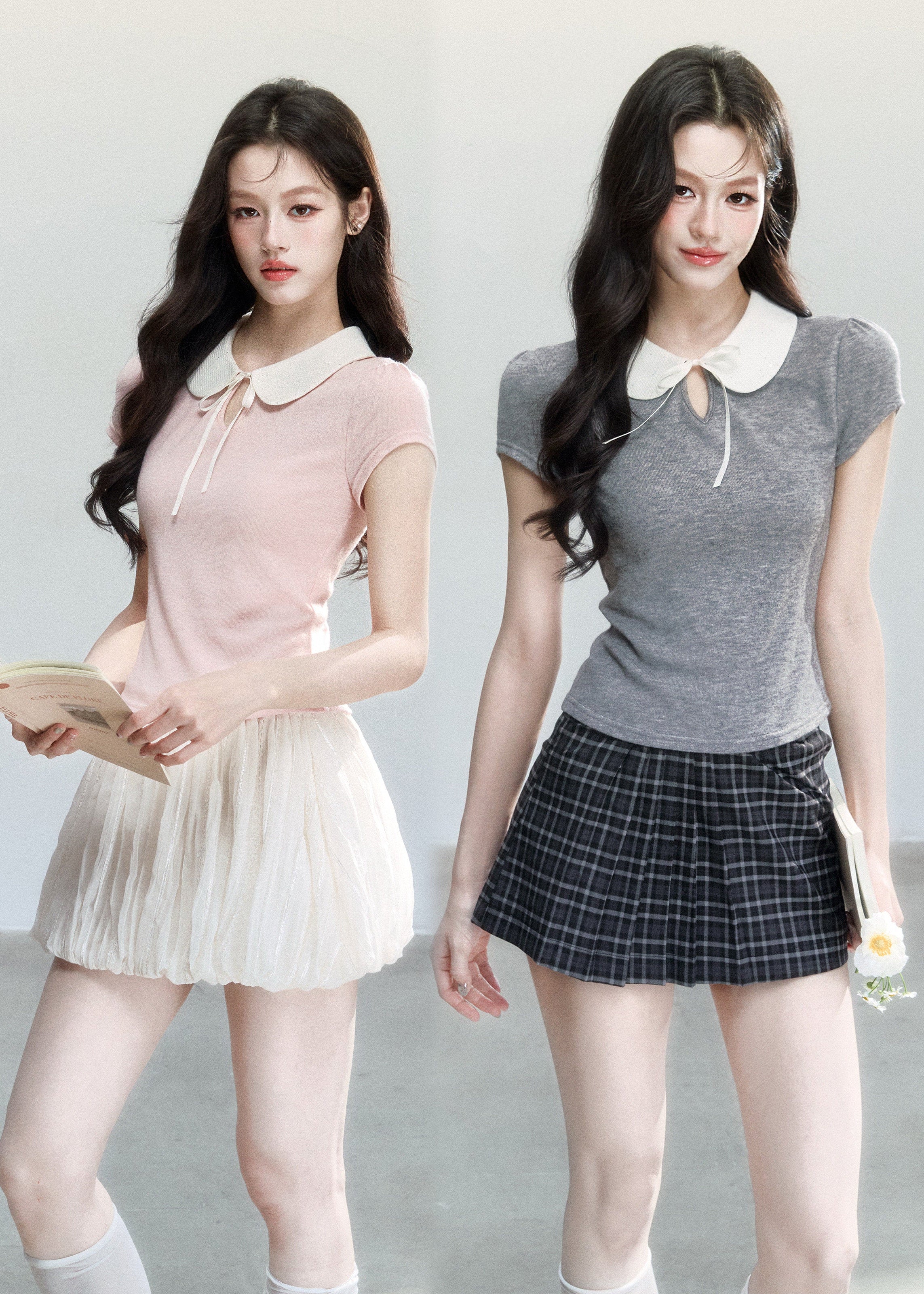 fragileheart top, doll collar t-shirt, peter pan collar top, korean feminine top, slim short sleeve top, preppy summer top, campus style top, cute korean fashion, pink collar top, gray collar top, soft girl top, feminine fitted tee