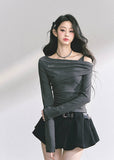 korean off shoulder long sleeve, korean hot girl top women, minimalist korean streetwear top, off shoulder drape knit top, korean fall fashion slim top, seoul style off shoulder shirt, korean aesthetic blouse women, korean sexy minimalist top, chic korean long sleeve shirt, korean modern street outfit, off shoulder hot girl korean fashion, korean autumn fitted top, french chic off shoulder design, korean straight shoulder long sleeve, kfashion minimalist fall top