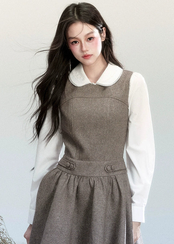 Fragileheart vest dress set, doll collar blouse, luxury Korean fashion, elegant autumn outfit, quiet luxury womenswear, pastel noir aesthetic, preppy Korean fashion, taupe layered dress, K-fashion 2025, modern feminine look, romantic school style, soft brown dress outfit, delicate preppy outfit, refined fall fashion