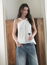 halter top, white halter top, loose sleeveless top, feminine summer top, Korean style top, soft drape top, elegant halter blouse, lyocell summer top, airy sleeveless blouse, romantic white top, vacation outfit top, minimal feminine top, relaxed halter blouse, chic summer top, women’s halter sleeveless top