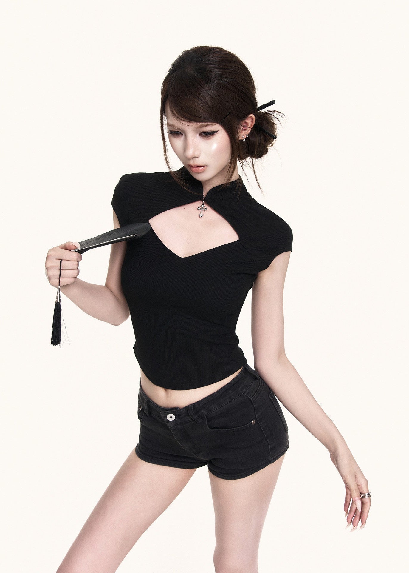 Black stand-collar crop top with front cutout